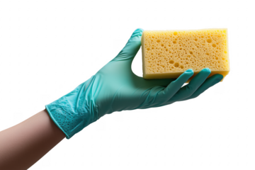 Hand holding yellow sponge isolated on a transparent background