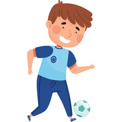 Obraz premium Young boy with brown hair wearing a blue t-shirt and dark blue shorts happily playing soccer with a white and green soccer ball on a transparent background 