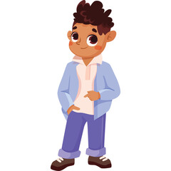 Young boy with curly dark hair wearing a light blue jacket over a cream colored shirt and purple pants standing against a transparent background with his hand in his pocket