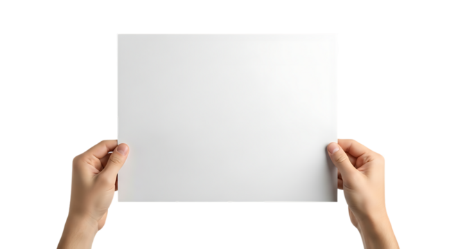 Human hands holding a blank white sheet of paper with a plain background isolated on a transparent background