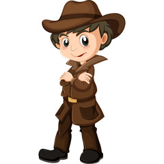 Young Adventurer Wearing A Brown Hat And Coat Posing Confidently With Arms Crossed In A Playful Cartoon Style On A Transparent Background