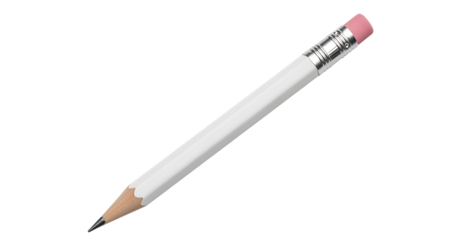 White hexagonal pencil with pink eraser and silver ferrule angled diagonally isolated on a transparent background