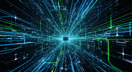 A mesmerizing journey through a futuristic digital tunnel, with glowing blue and green data streams converging on a central processing unit