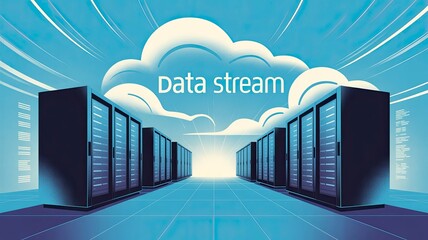 Futuristic Data Stream Concept with Servers and Cloud Graphics