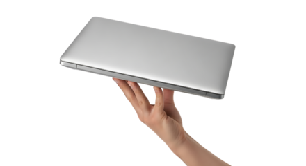 Silver laptop computer balanced on a human hand with a dark background isolated on a transparent background