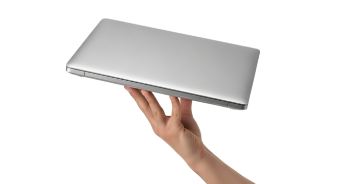Silver laptop computer balanced on a human hand with a dark background isolated on a transparent background