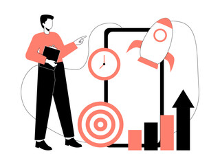 Male office employee is presenting, in front of him is a large smartphone displaying a graph and a rocket. Business leadership illustration. Flat vector illustration.