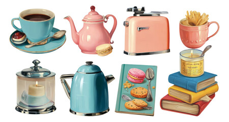 Charming Kitchenware Collection with Teapot, Toaster, Cup, and Cookies Art