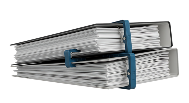 Two thick ring binders filled with white paper stacked and secured with blue clips isolated on a transparent background