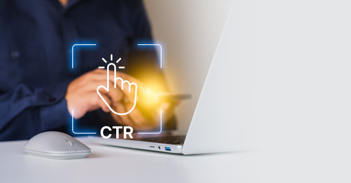 Click Through Rate CTR digital marketing performance analytics concept showing hand clicking icon with glowing light on laptop screen, online advertising optimization, conversion tracking strategy