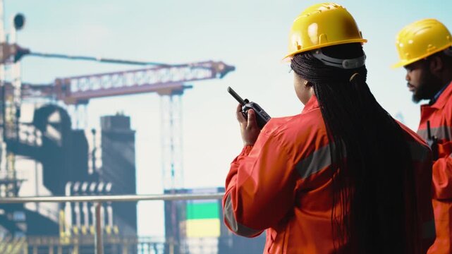 Offshore platform worker speaking in walkie talkie, testing safety system. Radio operator oversees mechanical and structural integrity of drilling rig, managing logistics flow, camera B