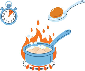 Effortless egg boiling guide showing each step in a fun modern style, from washing to cooking on the stove with a timer for perfectly cooked eggs