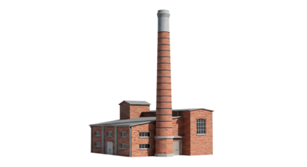 Red brick factory building with tall chimney and windows isolated on a transparent background industrial
