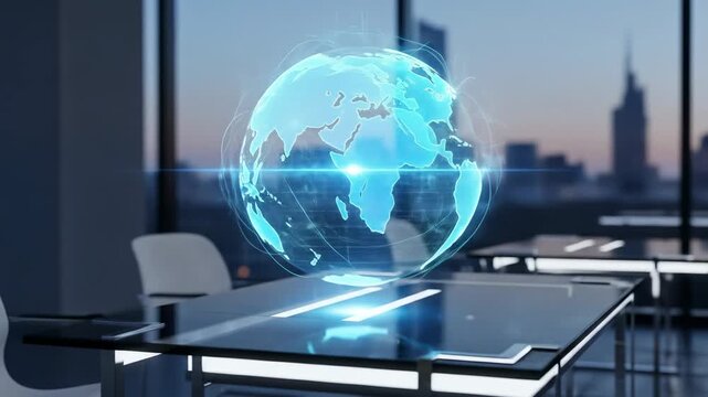 A glowing globe hovers in an office, symbolizing global connectivity and data visualization - Powered by Adobe
