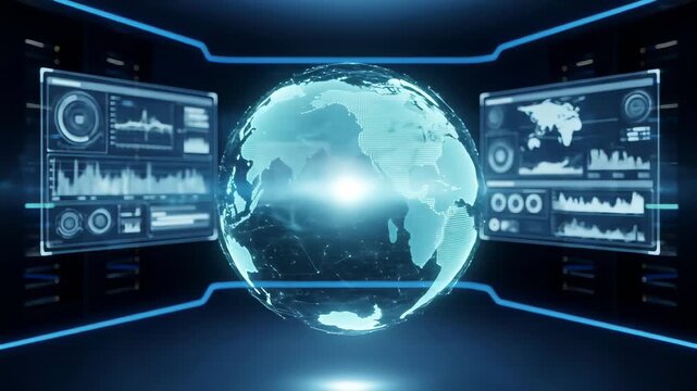 Digital rendering featuring a glowing earth graphic surrounded by informational displays and blue lines