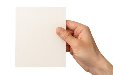 Obraz premium Hand holding blank vertical white paper card on transparent background for message or copy space