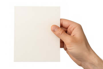 Hand holding blank vertical white paper card on transparent background for message or copy space