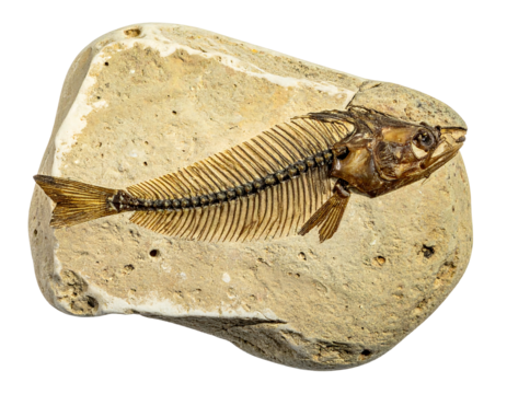 Fossilized fish skeleton impression in light tan stone against a black backdrop, capturing a relic of ancient aquatic life