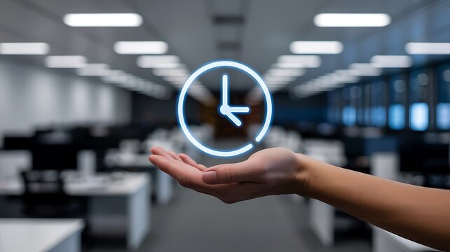 Hand holding glowing clock icon with blurred office background time