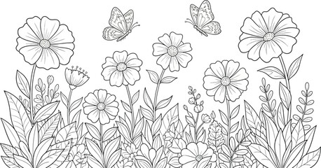 Enchanting floral garden coloring page with delicate butterflies, perfect for relaxation and creative expression, inspire whimsical art projects today