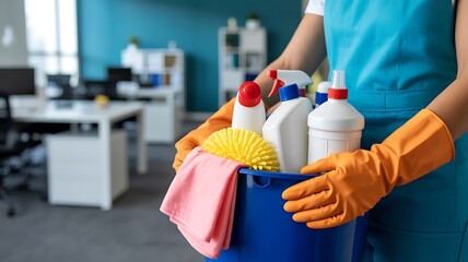 Person in apron and gloves holding bucket of cleaning supplies in office image photo