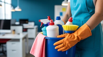 Person in apron and gloves holding bucket of cleaning supplies in office image photo