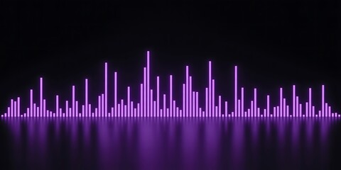 Purple neon sound wave equalizer bars with reflection on dark surface audio music
