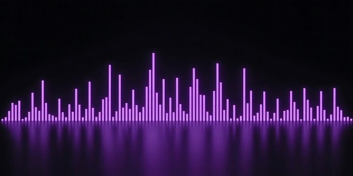 Purple neon sound wave equalizer bars with reflection on dark surface audio music