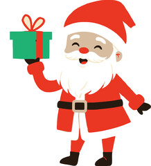 Charming cartoon Santa Claus holding a festive green Christmas gift with a joyful expression, perfect for holiday greetings and seasonal promotions