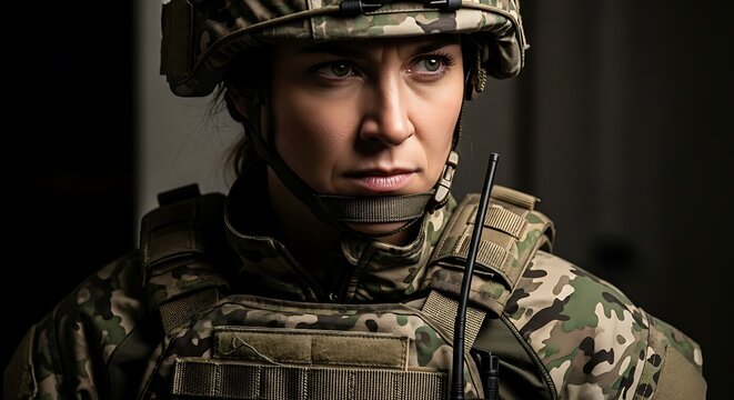 A woman in full camouflage uniform standing confidently with arms crossed, sunlight reflecting off her tactical gear, strong and detailed, 8k
- Powered by Adobe