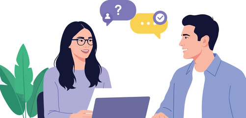 Dynamic professional woman in meeting with male colleague, exchanging ideas for innovative projects in a modern office setting, brainstorming solutions