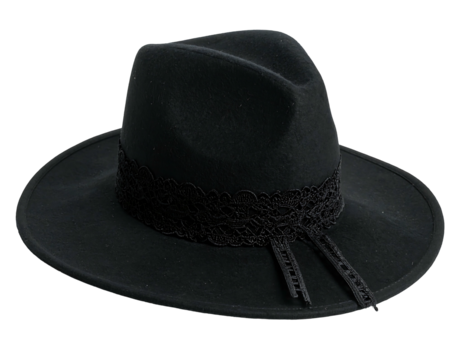 Black fedora-style hat, accented with intricate black lace trim and dangling ribbon-like accents, rests on a black backdrop