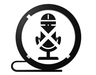 Black microphone icon with white 'X', framed by a ring and cable, isolated on a transparent background