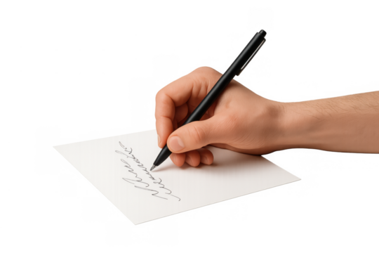 Hand writing signature on paper using black pen, signing document, letter, or official agreement