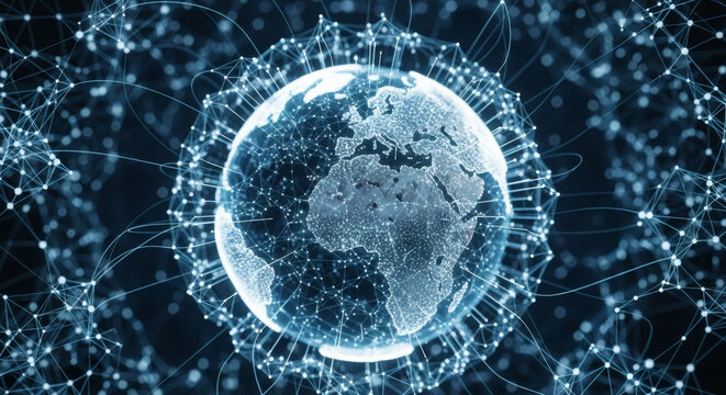 Abstract digital illustration of a glowing Earth surrounded by a complex network of interconnected lines and dots, symbolizing global communication, data exchange, and advanced technology