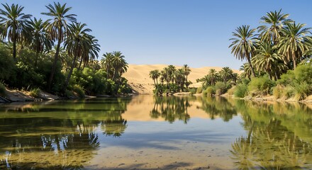 Obraz premium Serene Oasis Reflections of Palm Trees and Sandy Dunes in a Tranquil Desert Landscape