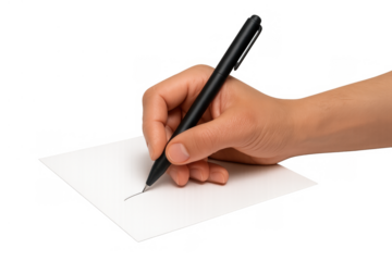 Hand writing or signing on paper with pen, creating message or drawing, transparent background