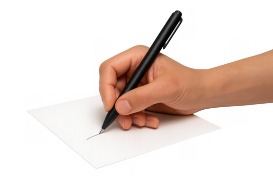 Hand writing or signing on paper with pen, creating message or drawing, transparent background