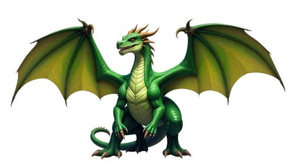 Obraz premium Illustration of a green dragon with yellow wings standing on a white background looking forward
