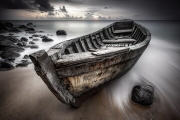 Abandoned wooden boat sits ashore at edge of ocean, cloudy sky