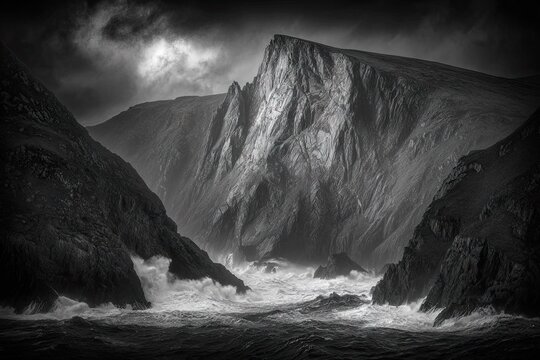 Dramatic coastal cliffs pummeled by crashing ocean waves, grayscale