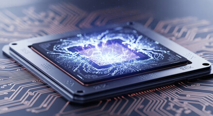 Conceptual image of a futuristic computer processor with a glowing, energetic core, symbolizing artificial intelligence, machine learning, and the power of advanced digital technology