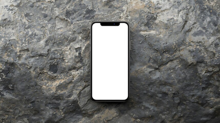 Front view smartphone with blank white screen on rocky mountain background