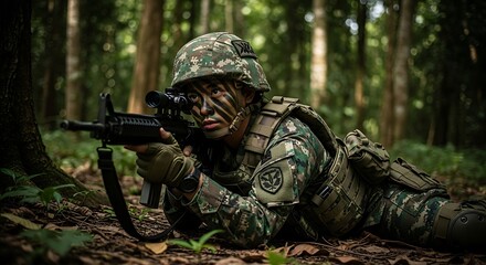 A woman in camouflage outfit wearing helmet and tactical vest, closeup with dramatic lighting highlighting facial expression, realistic and strong, 8k