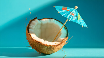 Tropical refreshment on a vibrant blue background, featuring a halved coconut with a festive paper umbrella, evoking a sense of summer vacation and exotic drinks