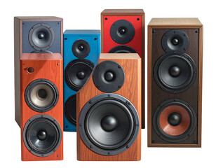 A group of colorful wooden loudspeakers of various shapes and sizes are isolated on a black background