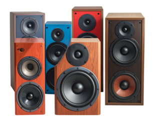 A group of colorful wooden loudspeakers of various shapes and sizes are isolated on a black background