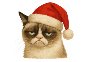 Frowning cat wearing a red santa hat, celebrating a joyless christmas holiday, transparent background