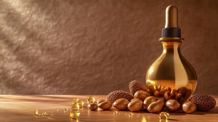 Argan oil bottle with argan nuts on a brown surface.