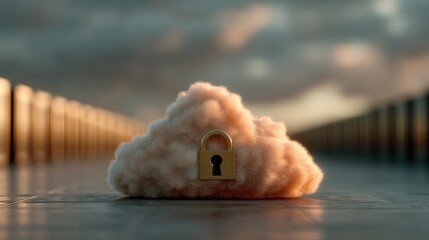 A fluffy cloud with a padlock symbolizes security and protection in a surreal landscape, blending elements of nature and technology.
